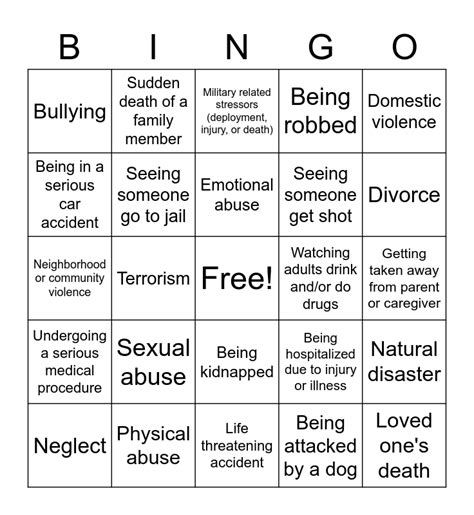 Trauma bingo - Jun 11, 2020 · The wellness BINGO game below can be a tool to address challenges in emotional wellness, physical wellness, mental wellness, and all aspects of overall wellbeing. Use this Bingo game as a strategy during a wellness week or as part of a wellness program. I’ve tried to make this health and well being game one that works for children, families ... 